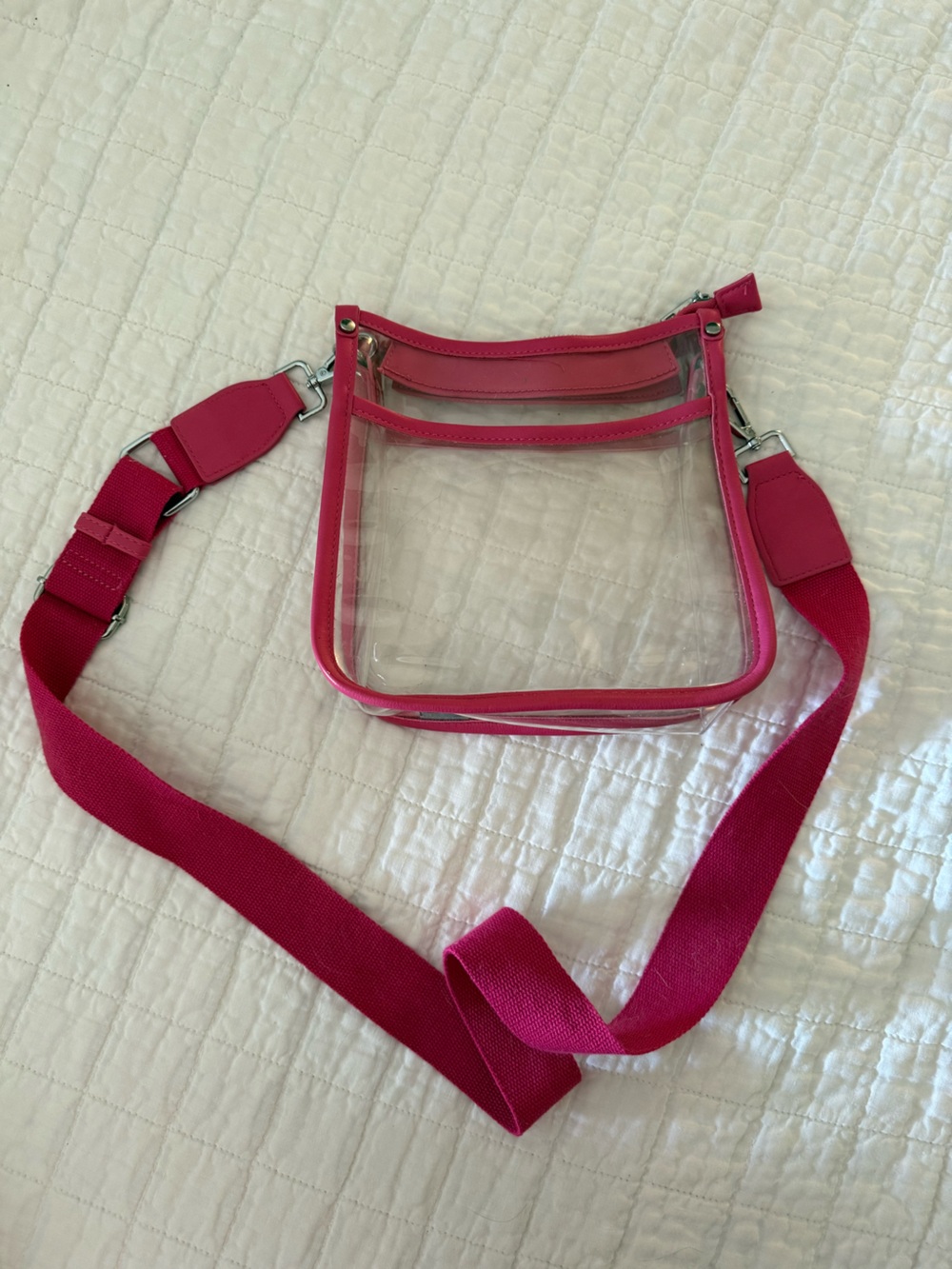 Clear Crossbody Bag with Pink Trim and Adjustable Strap